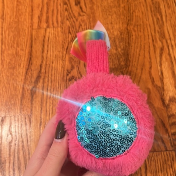 Girl’s Pink Fur Ear Muffs Rainbow Bow - Picture 3 of 4